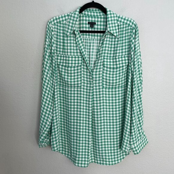 Ann Taylor Womens Large Green White Gingham Long Sleeve Blouse Shirt Top - Picture 9 of 13
